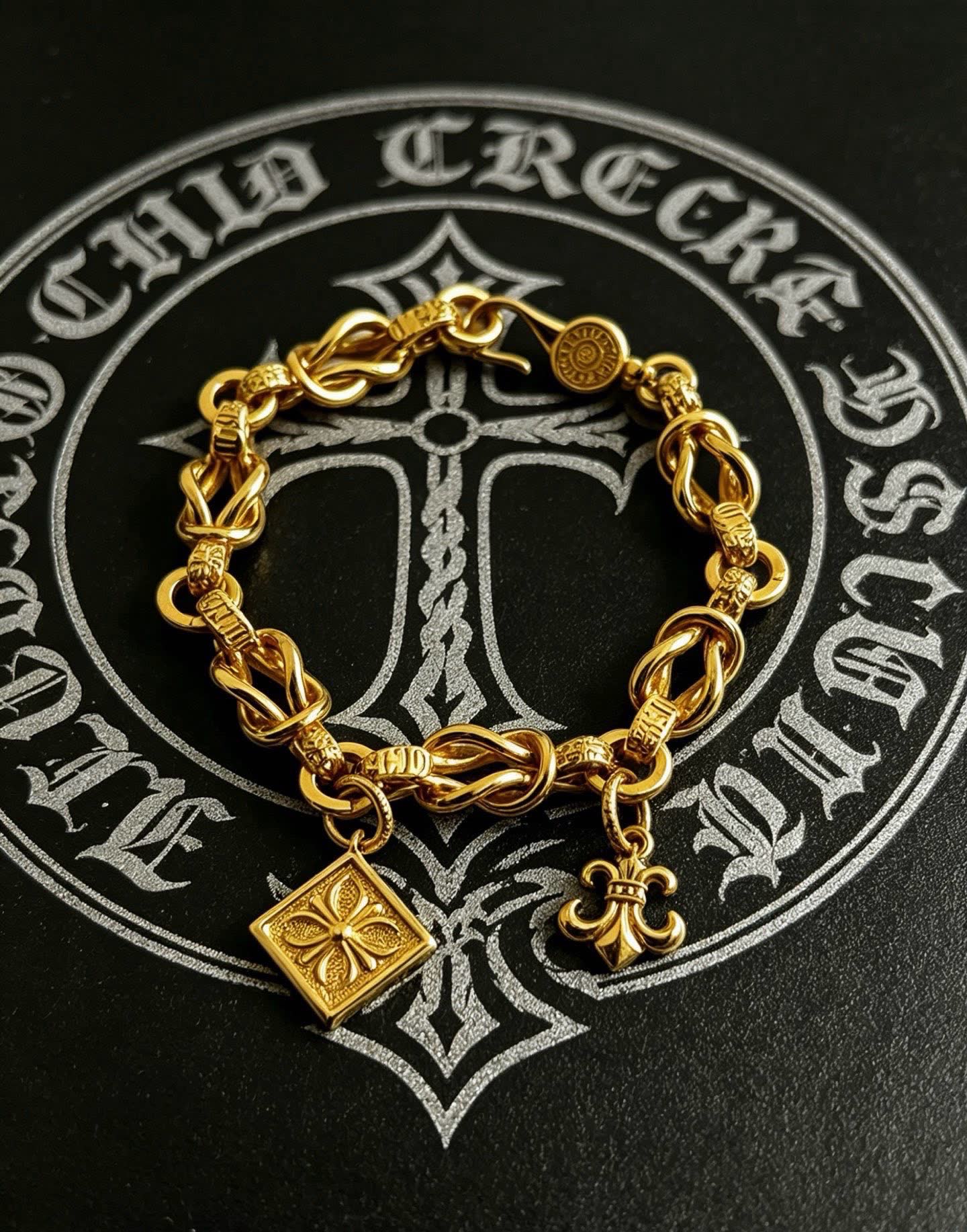 Chrome Hearts Gold-Tone Bracelet with Diamond and Fleur-de-lis Charms